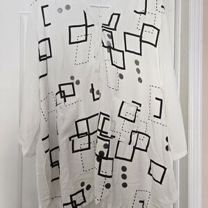 Women's White Button-Down Shirt with Black Geometric Print
